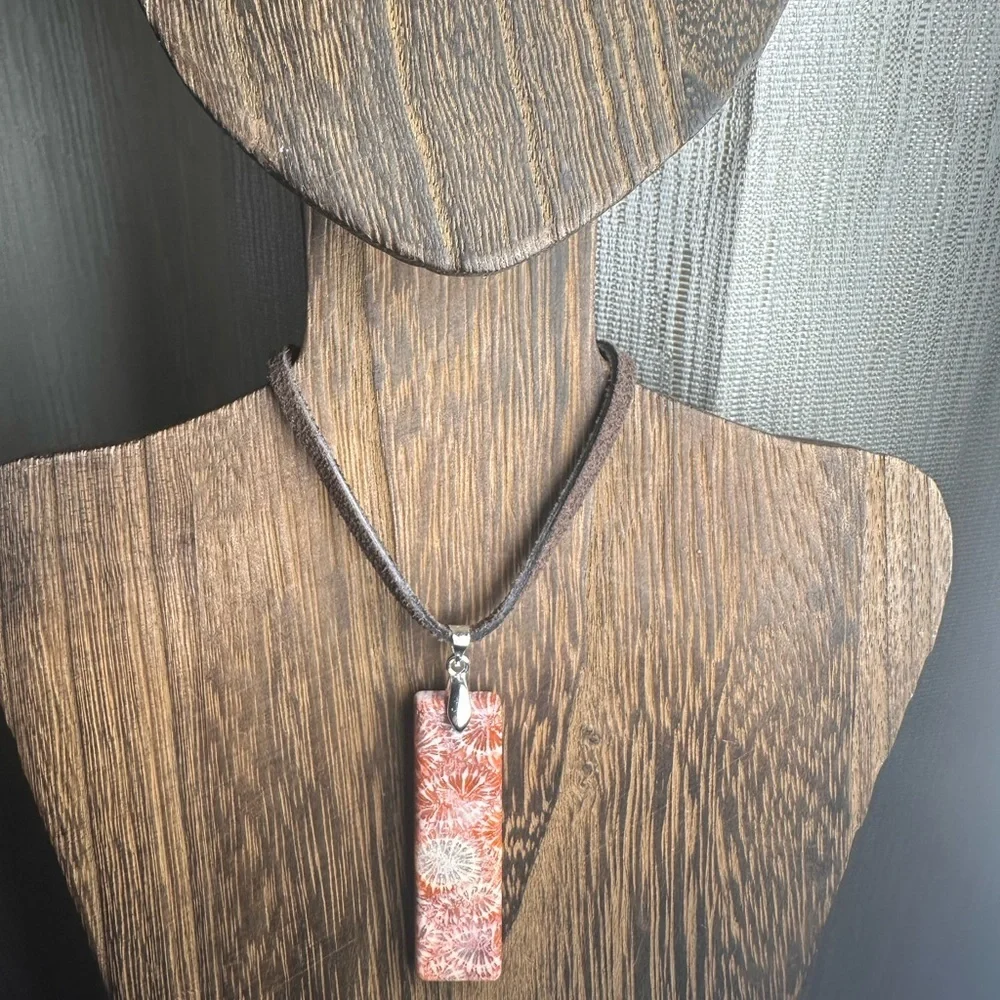 Dark Orange Coral Fossil Thin Rectangle Pendant Necklace on Brown Suede - Picture 11 of 13